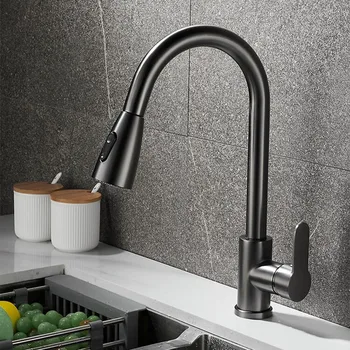 Rubinetto da cucina in acciaio inossidabile foro singolo con beccuccio estraibile lavello da cucina miscelatore rubinetto flusso testa di spruzzo rubinetto per pulizia girevole a 360° 1