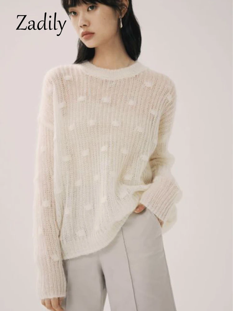 

Zadily 2022 Winter Korean style Long Sleeve Loose White Sweater Women Minimalist Style Hollow Out Ladies Pullover Female Tops