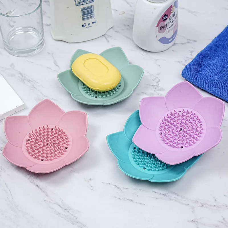 1pcs Bathroom Soap Box Lotus Design Soap Holder Silicone Box Drain Bathroom Accessories