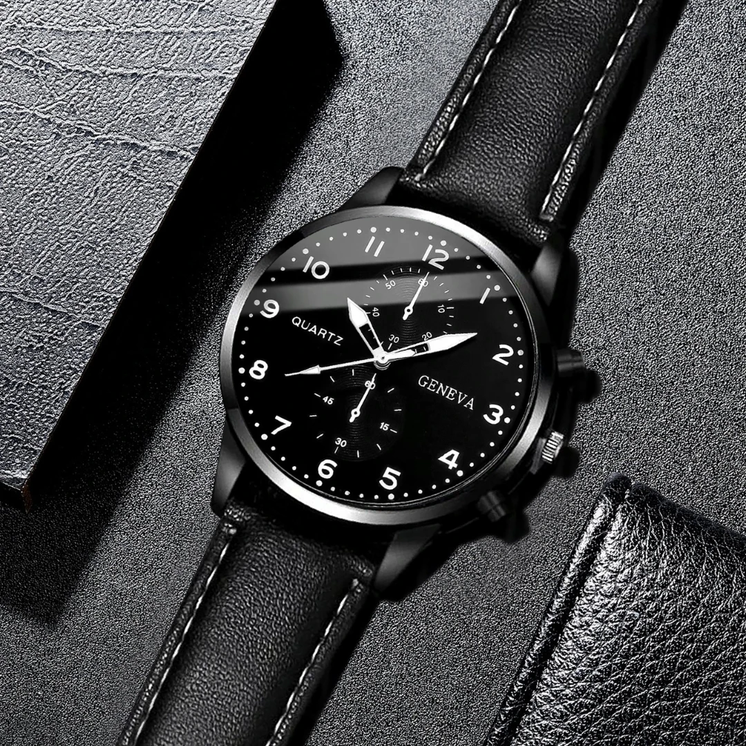 2pcs/set Fashion Men's Leather Strap Quartz Watch&Simple Beaded Bracelet