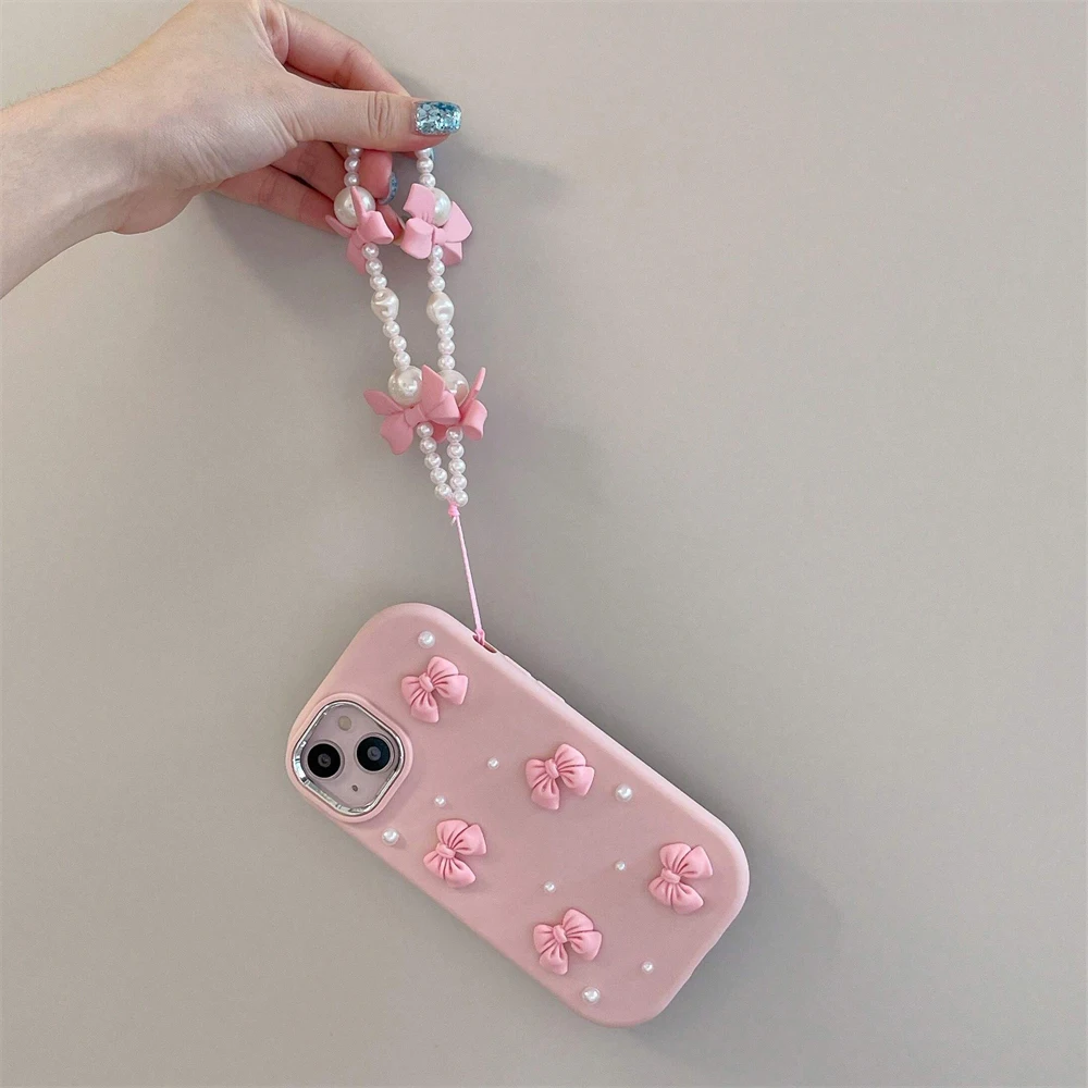 لطيف ثلاثية الأبعاد الوردي Bowknot اللؤلؤ قضية اله...