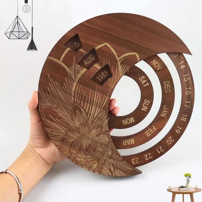 Wooden Round Perpetual Calendar Creative Wooden Wall Calendar Wall Hanging Crafts Decorative Xmas Gift Handicraft Decoration
