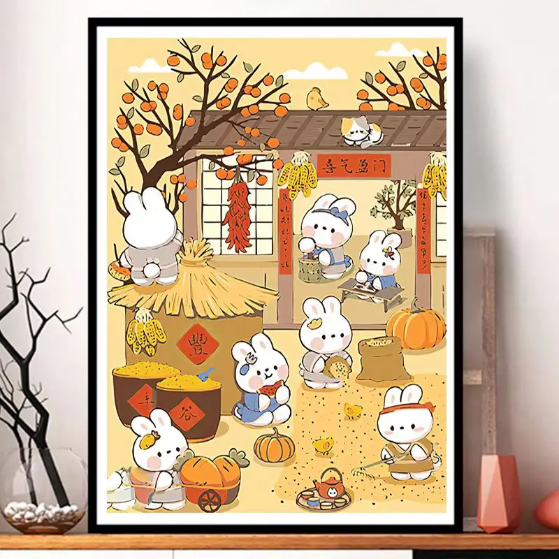 Joyful Rabbit Painting Printed Canvas DIY Cartoon Cross Stitch Complete Kits Embroidery Set Cotton Thread Needlework Home Decor cross stitch kit
