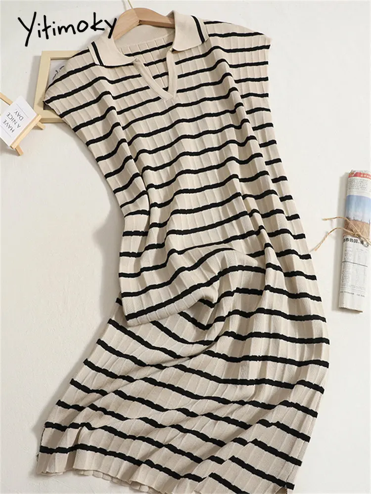 Yitimoky Striped Dress For Women Korean Oversized Turn Down Collar
