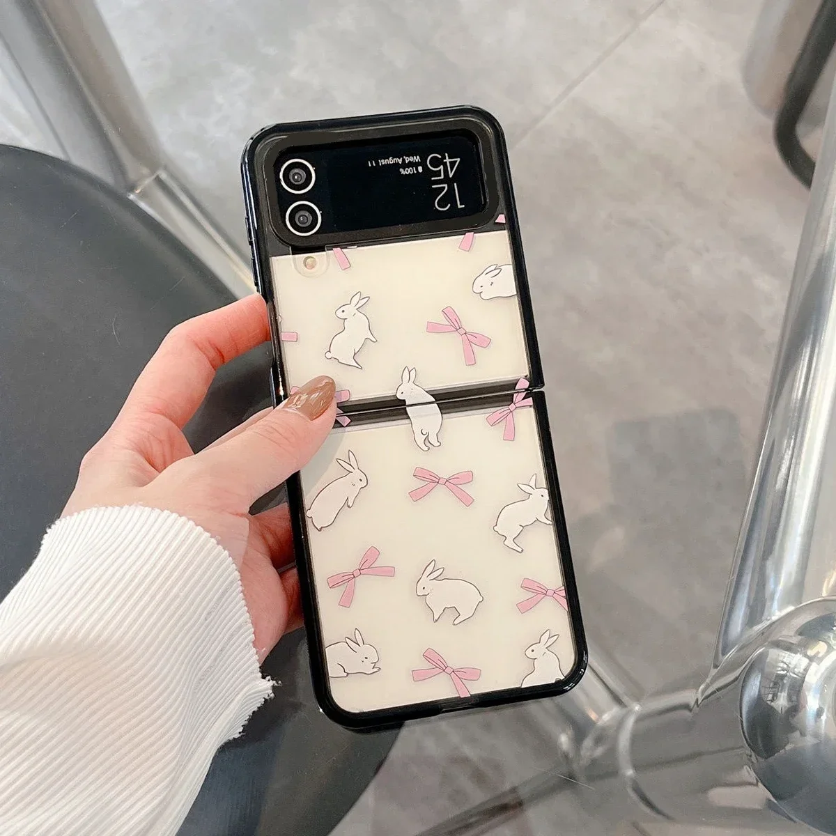 Black Border Acrylic Rabbit Bowknot Phone Case for Samsung Galaxy Z Flip 5 4 3 Back Cover for ZFlip4 ZFlip5 Hard Case Shell