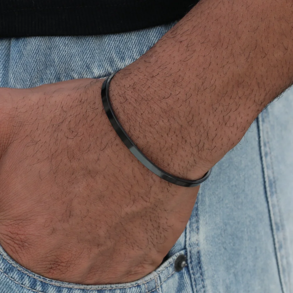 Sleek Black Stainless Steel Men's Open Bangle Bracelet