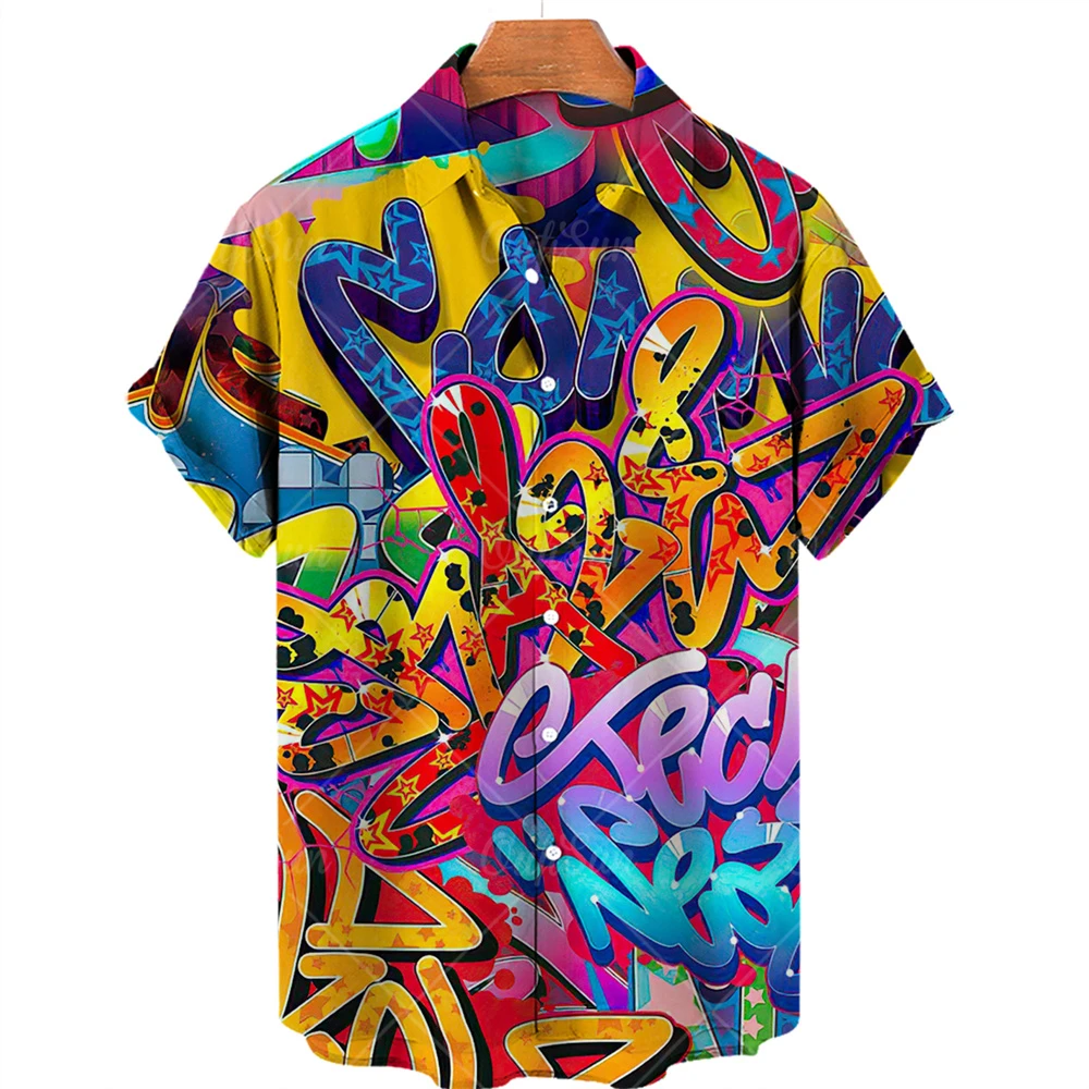 Men Short Sleeved Hawaiian Shirt Beach Travel Oversized Graffiti Flower