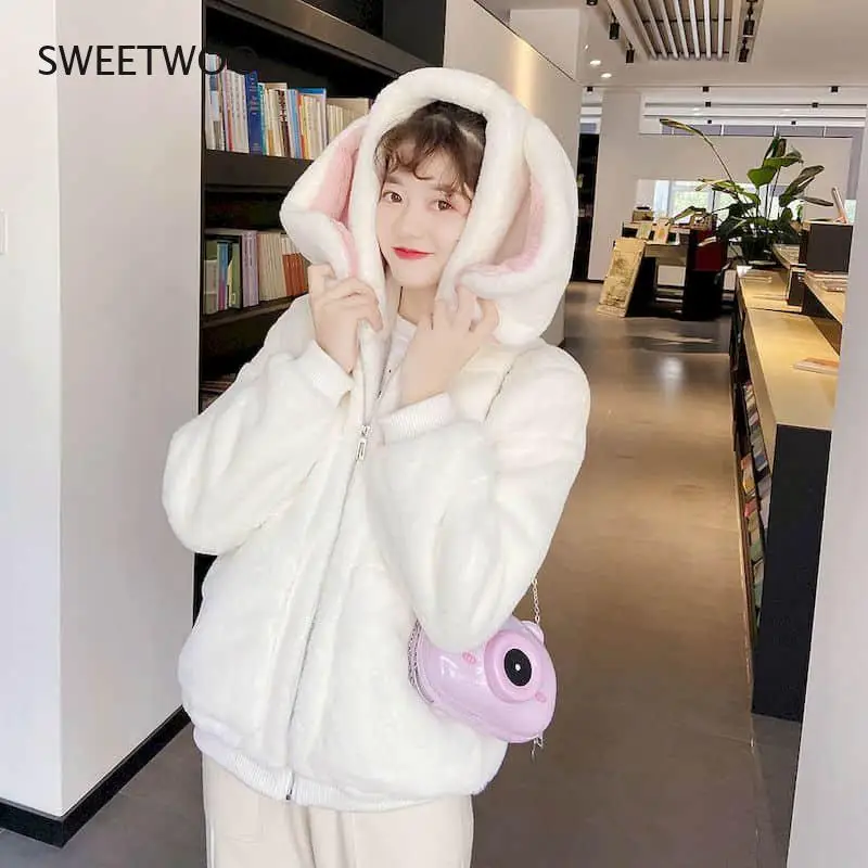 2022 Winter Kawaii Velvet Thickened Imitation Fur Coat Women's Loose  Cute Rabbit Ears Hooded Coat