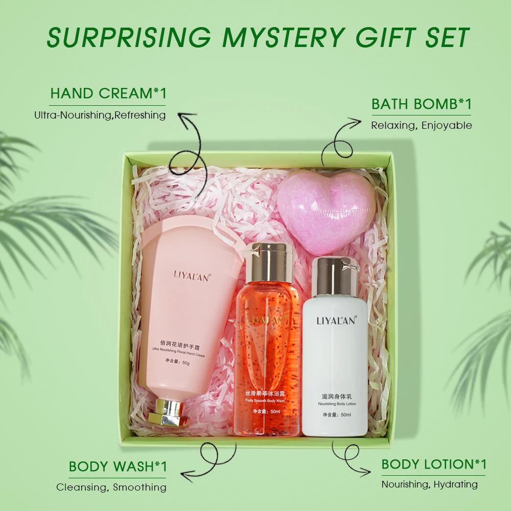 4pcs Bath & Body Gift Set for Women, Nourishing Home Spa Kit with Body Wash, Bath Bomb, Body Lotion, Hand Cream