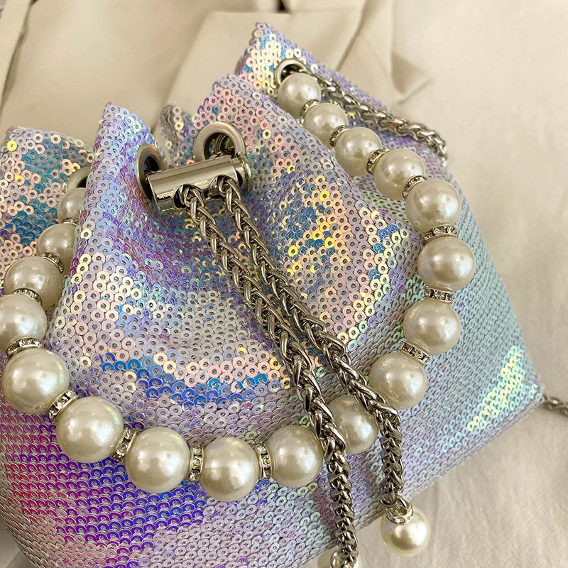 Fashion Women Bucket Shoulder Bag With Sequin Pearl Crossbody Baggirl Handbags Female Clutches Bolsos Evening Party Mini Purse
