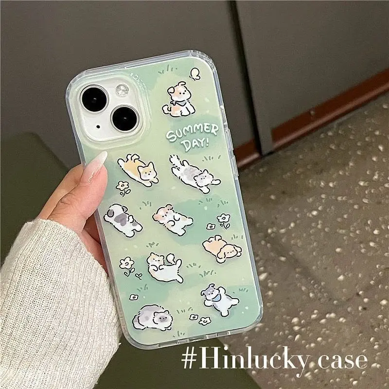 Cute Grass Playing Cats Puppies Custodie Per Telefoni Per Iphone 11 12 13 14 Pro Max Per Iphone Custodia Per Telefono Vintage Coreana Green Fashion