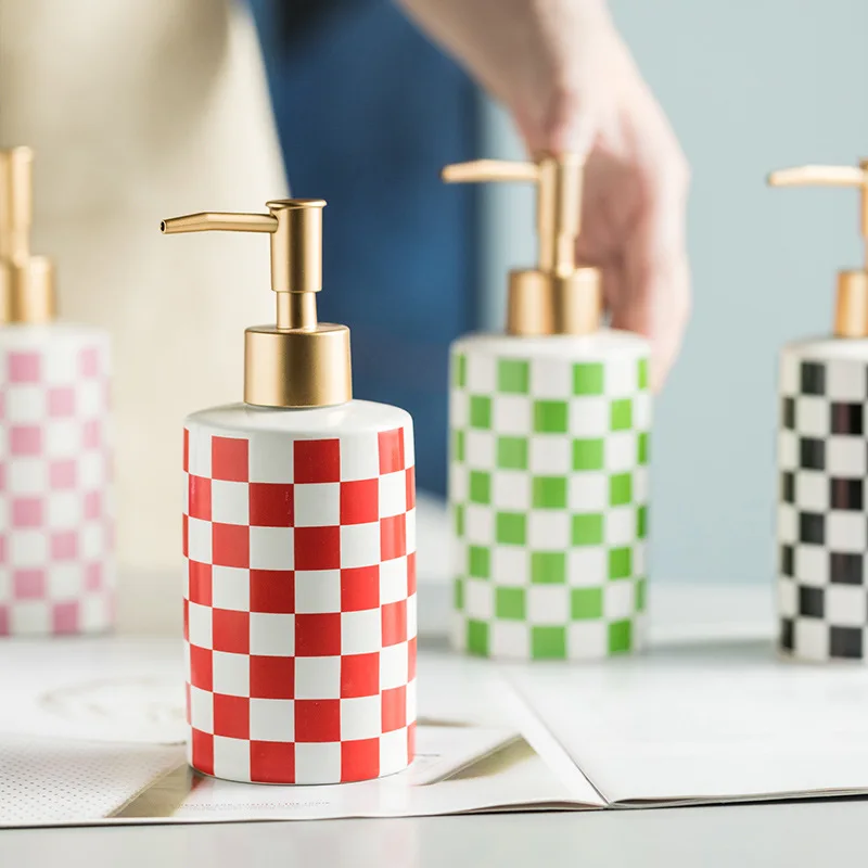 Checkerboard Ceramic Lotion Bottle Soap Dispenser Home Lotion Press Bottle Bathroom Decoration Bathroom Supplies