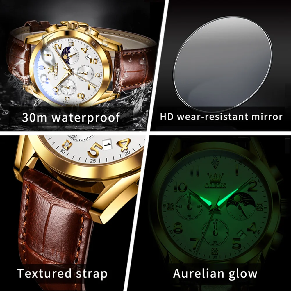 OLEVS Top Brand Business Mens Watches Luxury Sports Quartz Watch Leather Waterproof Chronograph Wristwatch Men Relogio Masculino
