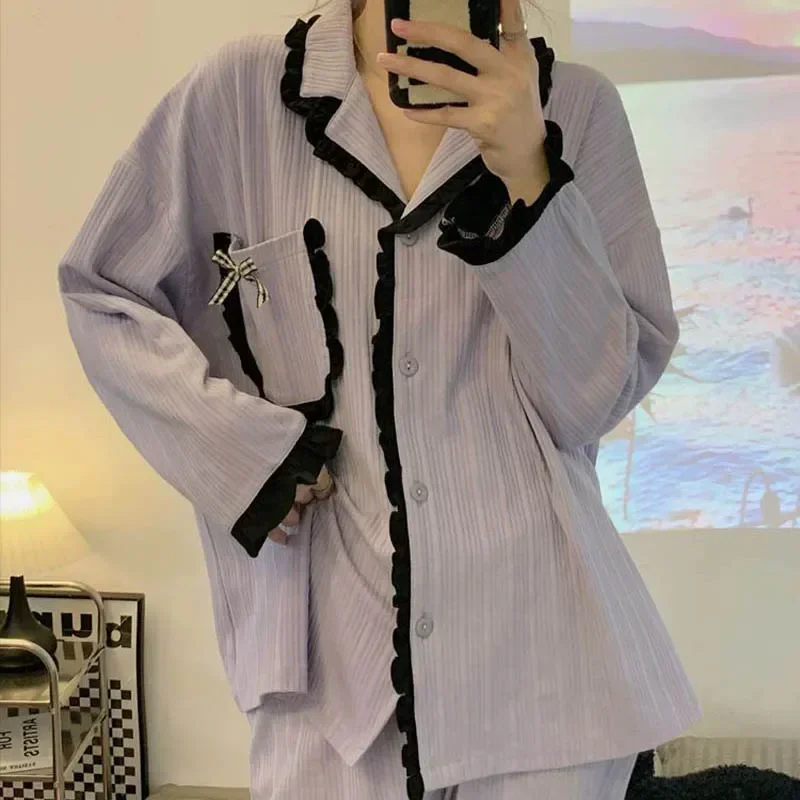 

Пижама женская с рукавом и оборками, домашний корейский Костюм с карманами, одежда для сна, пижама на пуговицах, одежда для осени