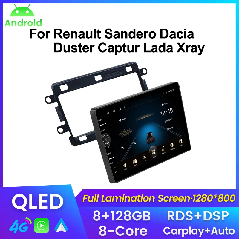 

QLED экран с ручкой Автомагнитола For Renault Sandero Dacia Duster Captur Lada Xray мультимедийный плеер навигация GPS Автомобильная интеллектуальная система Carplay Android авто до 8 ядер 8 + 128G