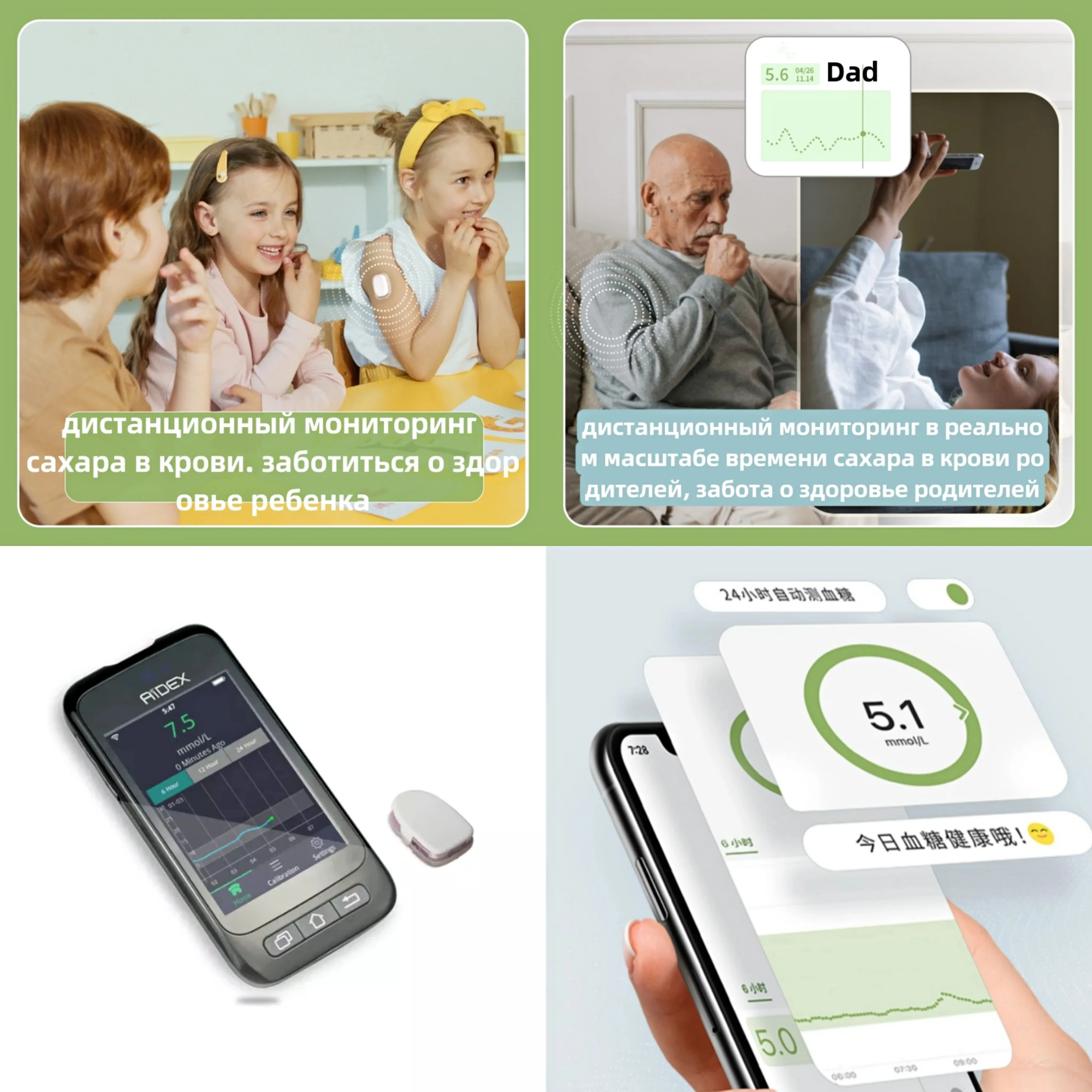 Blood glucose monitor CGMS 24h Real-time Blood Glucose Monitoring Scan-free Multilingual System Remote Monitoring Freestyle Libre Aidex Dynamic