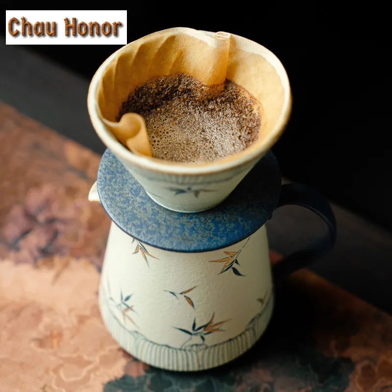 Handmade Gold Drawing Bamboo Coffee Cone Shape Drip Hand Brewing Coffee Filter Funnel Cup Coffee Dripper Pour Over Barista Mugs
