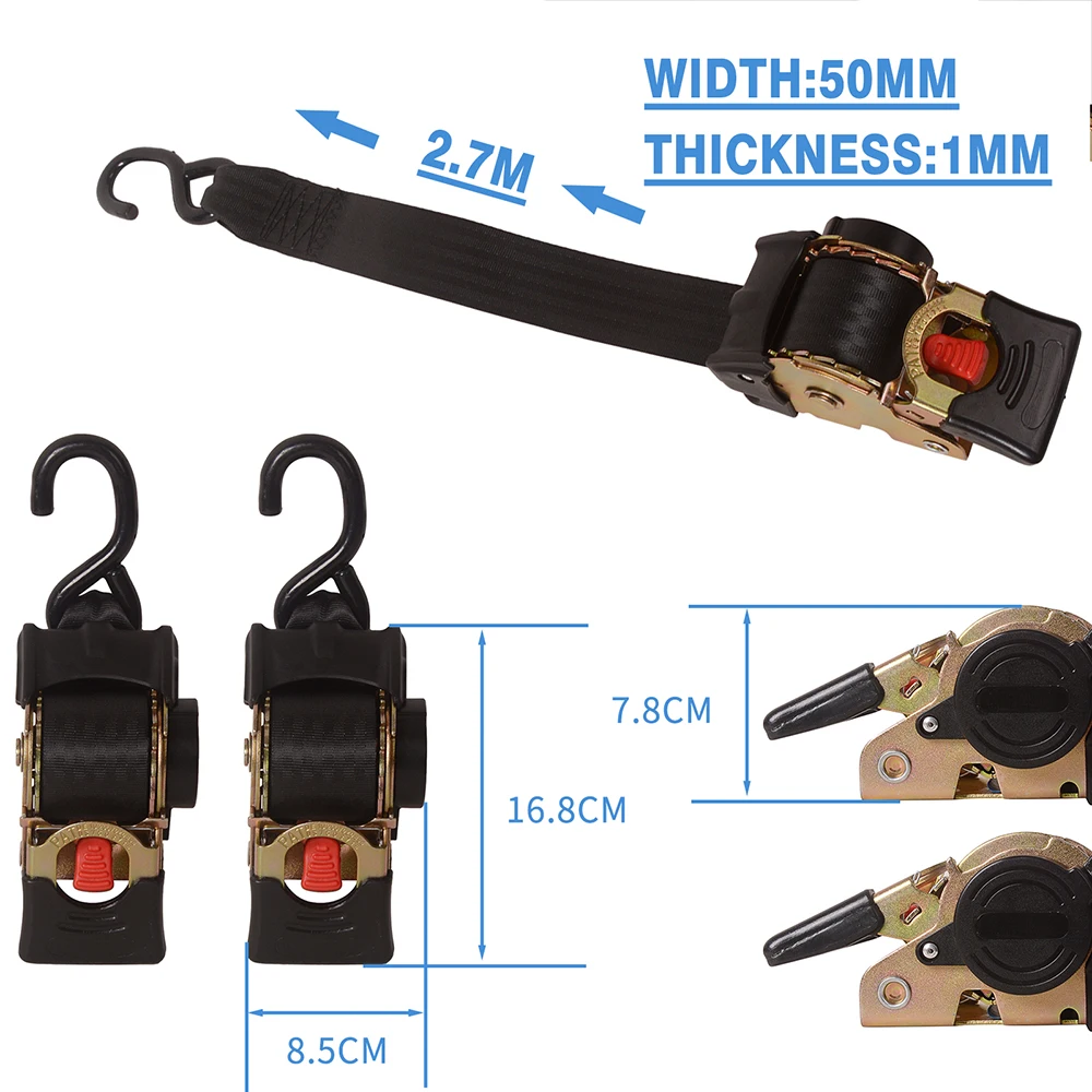 2pcs 2.7M Single S-hook Ratchet Strap Motorcycle Tie Down