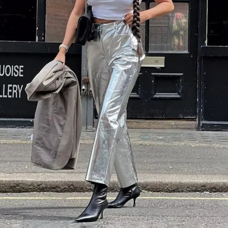 Pantalones de PU plateados para mujer, moda 2025, cintura alta, sueltos, pierna ancha, ropa de fiesta para chicas, ropa de calle, pantalones largos para mujer, otoño
