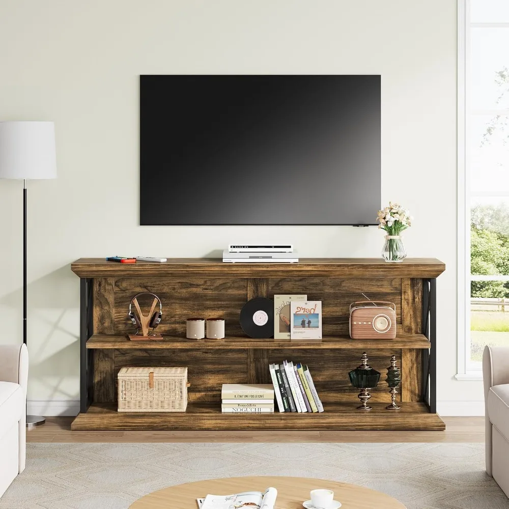 63 Inch Long Console Table with 3-Tier Storage, Industrial Wooden Sofa Table for Living Room Entryway
