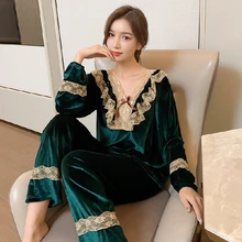 

Velvet Women's Pajamas Set Pijama Pants Pyjamas Femme Sleepwear Nightwear Flannel Nightie Lace Bedroom Loungewear Clothes