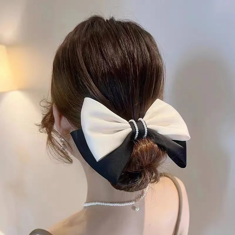 

Korean Women Big Elegant Satin Black and White Matching Elastics Hair Band Pearl Scrunchies Girls Ponytail Hold Hair Accessories