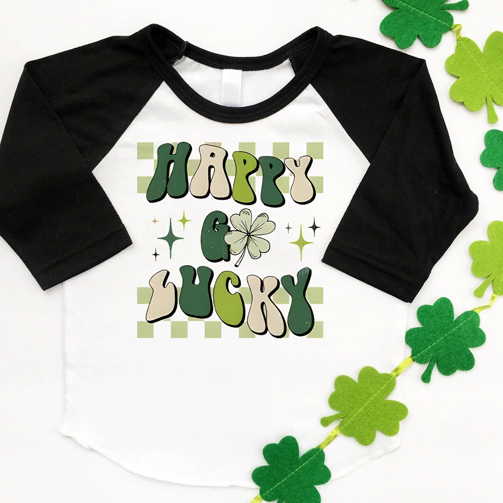 

Happy Go Lucky Print T-shirt St. Patrick's Day Kids Raglan Shirts Boys Girls Clothes Children Shirts Kid Holiday Gift Tee