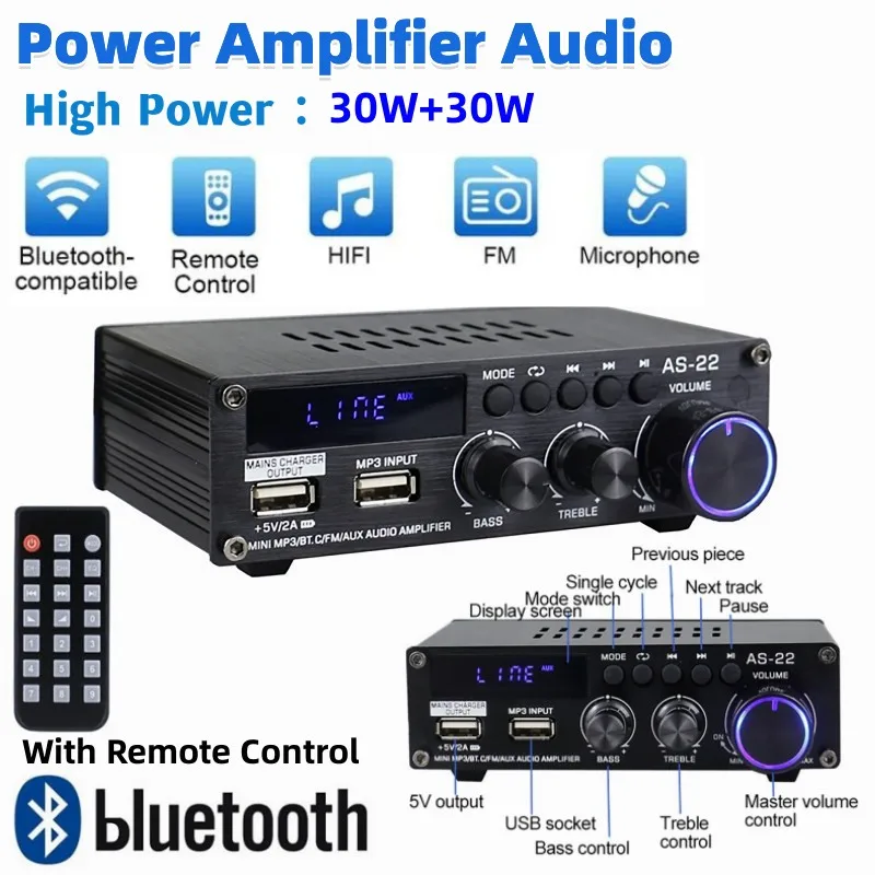 

12V 220V Digital Amplifiers Audio Car HIFI Power Amplifier Bluetooth Amplifier Auto Music Subwoofer Speakers with Remote Control