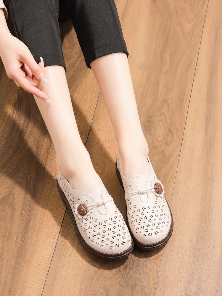 Spring Casual Sneakers Women Shoes Genuine Leather Slip-On Flat Shoes Hollow Out Breathable Women's Shoes Plus Size