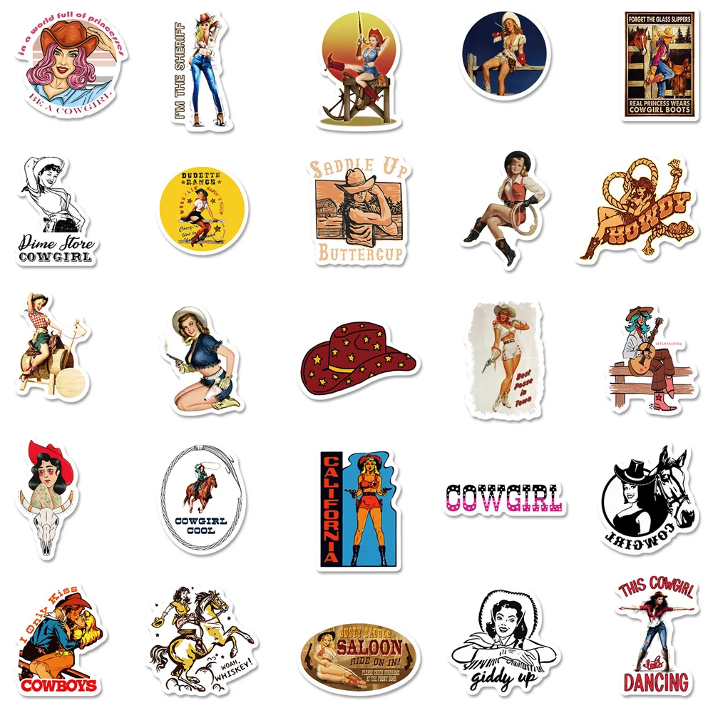 10/30/50PCS Western Element Graffiti Waterproof Sticker Cartoon Cowboy Girl Series Decorative Decal Skateboard WaterCupWholesale
