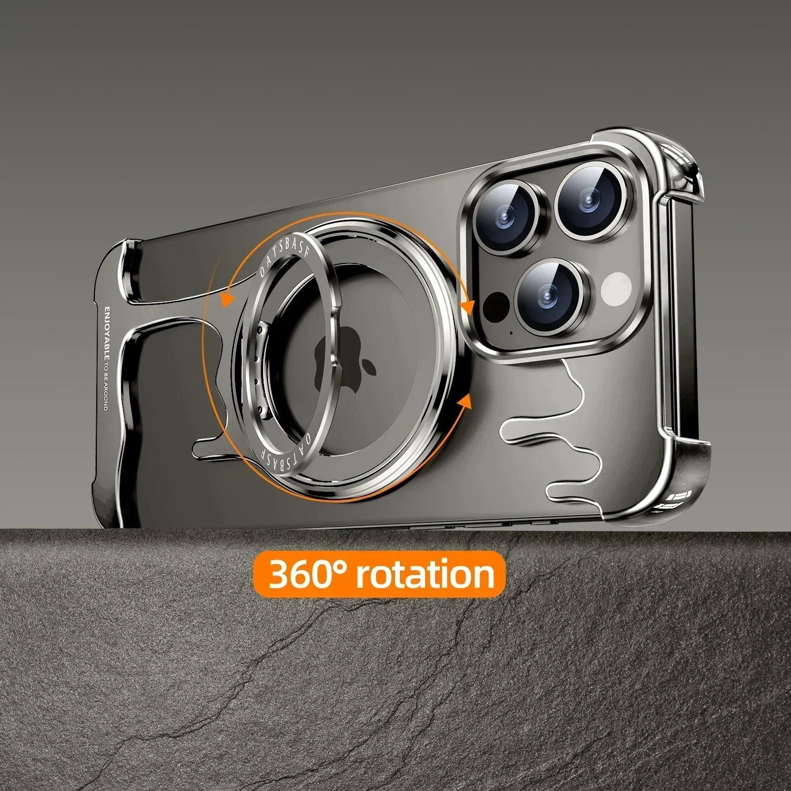 Eary Frameless Metal Bumper Case for iPhone 16/15/14/13 Pro Max with MagSafe 360°Rotatable Magnetic Kickstand Shockproof Cover