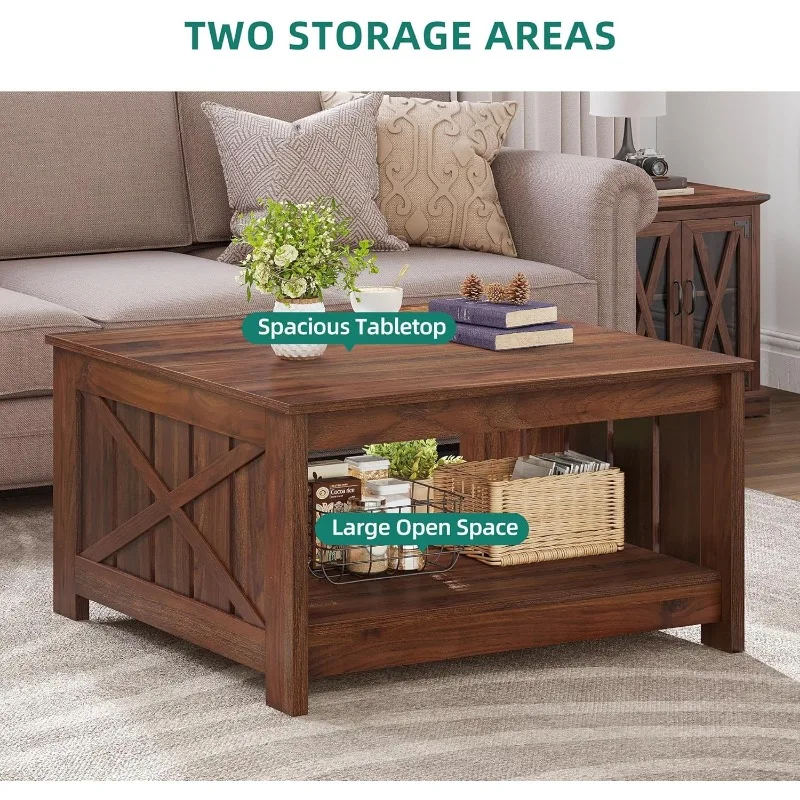 Living room rustic wooden cocktail table, square coffee table semi-open storage compartment 3