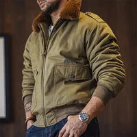 Maden Vintage B10 Bomber Jacket Zippered Cotton Flight Coat with Fur Collar Lapel Pockets Green Cotton Jacket for Men's Winter 1