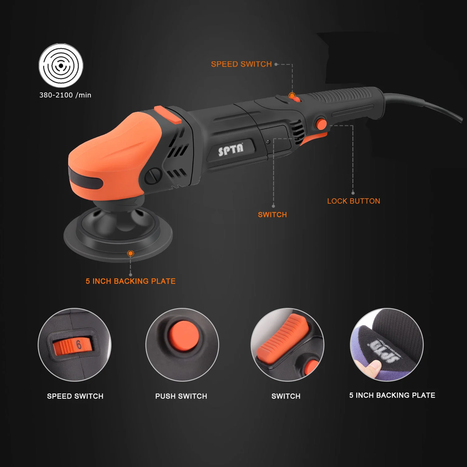 SPTA CP502 1100W Car Rotary Polisher 5-Meter Long Power Supply Cord Constant Speed Control Smooth Operation