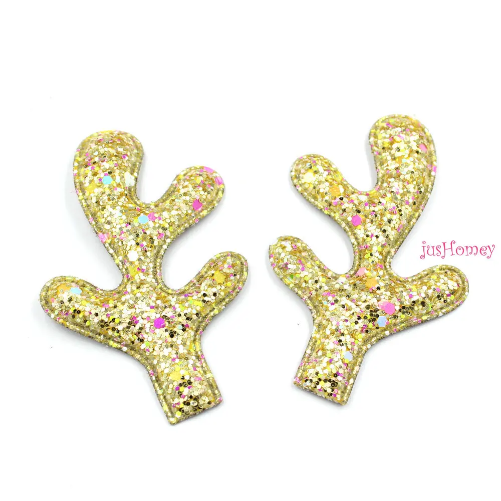 25 pairs/lot Glitter Reindeer Antlers Gold fabric W/ Sponge Padded Buckhorn applique for Christmas decor,Craft DIY