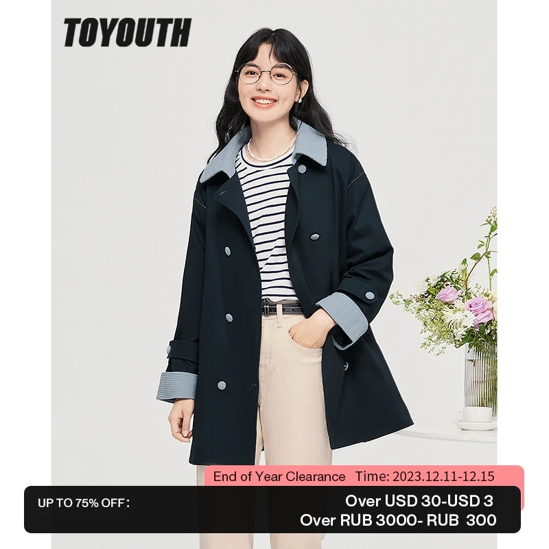 

Toyouth Women Trench Coat 2022 Autumn Long Sleeve Turndown Collar Loose Windbreaker Solid Mid Length Classic Outwear