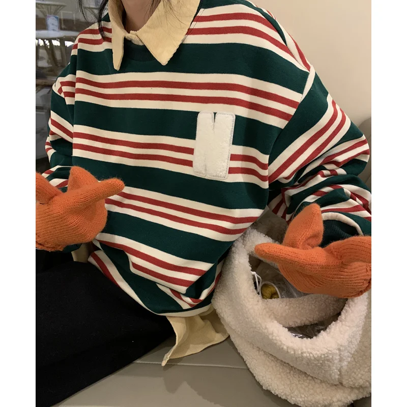 

Women's Street Sweatshirt American Retro Coat Contrast Stripe Round Neck Sweater Korean Version New Lazy Long Sleeve Pullover