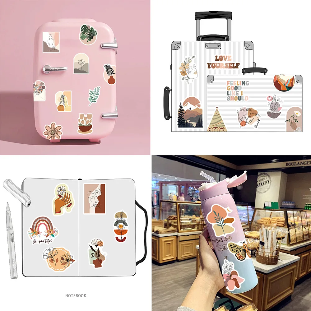 50Pcs 낙서 빈티지 보헤미안 스티커 미적 레트로 보호 아트 데칼 전화 노트북 고정식 스크랩북 케이스 장난감