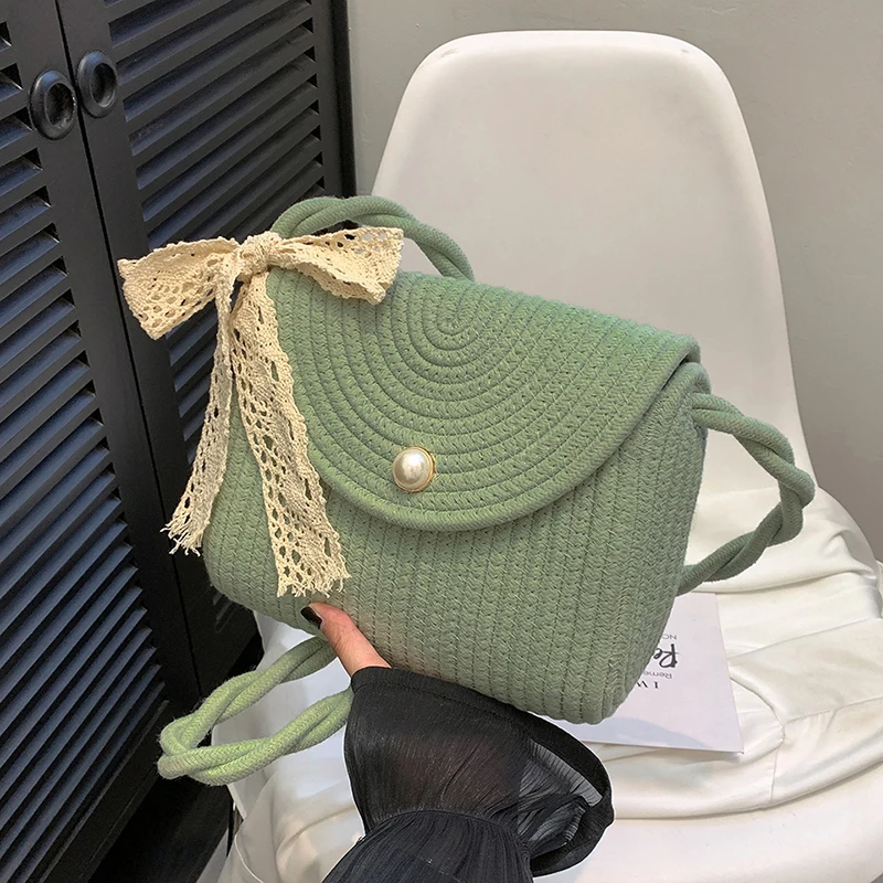 Pastoral Straw Beach Bag Woven Summer Shoulder Bag with Cute Lace Bow Shoulder Purse for Women Beach Picnic Vacation