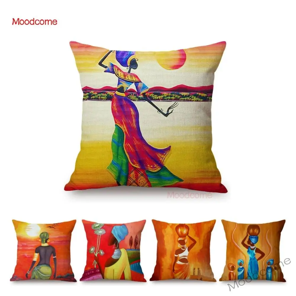 

Warm Abstract African Oil Painting Decoration Sofa Throw Pillow Cover Africa Women Art Painting Linen Cushion Cover Car Pillows