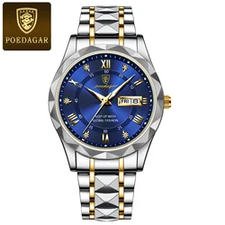 POEDAGAR Luxury Stainless Steel Men's Quartz Wristwatch - Waterproof & Luminous (Gold Blue)