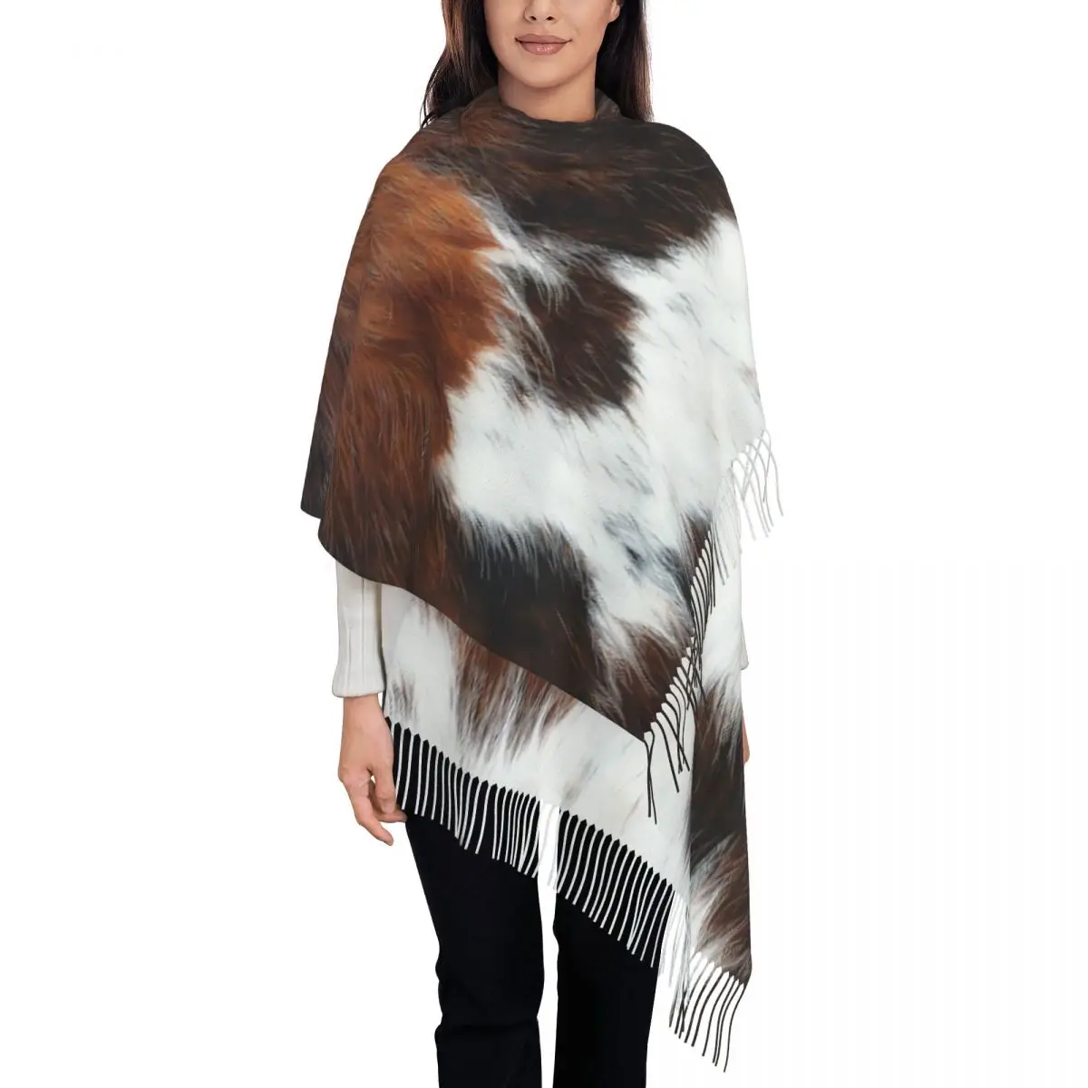 

Scottish Highland Cow Cowhide Texture Tassel Scarf Women Soft Animal Hide Leather Shawl Wrap Female Winter Scarves
