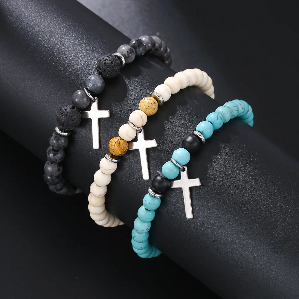 Men White Howlite Lava Stone Beaded Bracelet