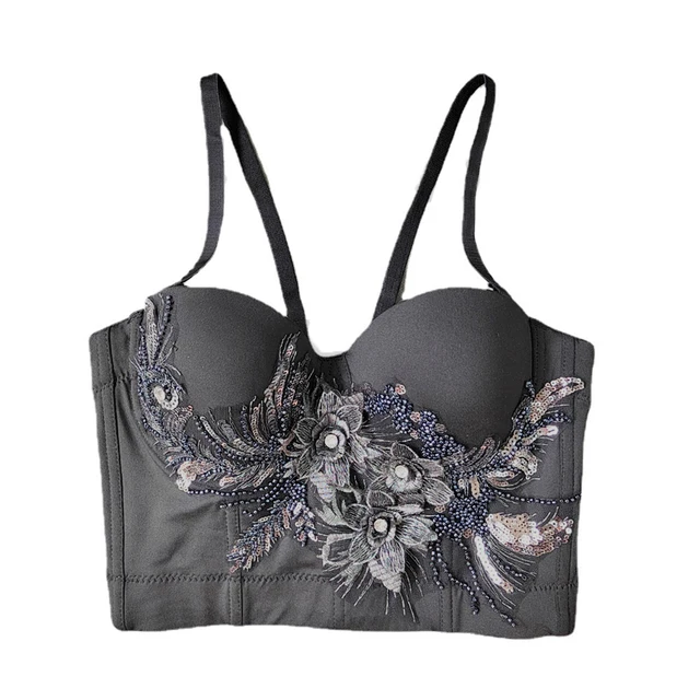 Crop Top Built in Bra Party Sequins Beaded Embroidery Corset Bustier