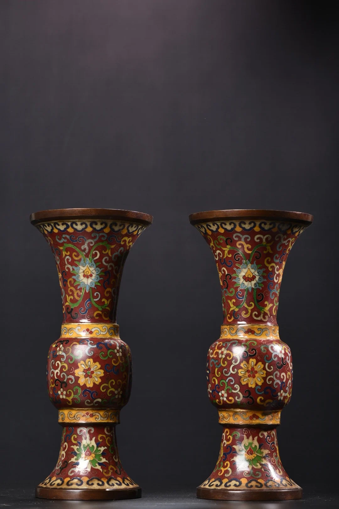 

13"Tibet Temple Collection Old Bronze Cloisonne Enamel Flower Texture Tangled lotus pattern Bottle Vase A pair Town house