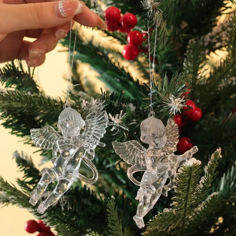 Christmas Transparent Angel Pendant Crystal Clear Acrylic Angel with Wings Xmas Tree Hanging Ornament Imitation Winter Decor
