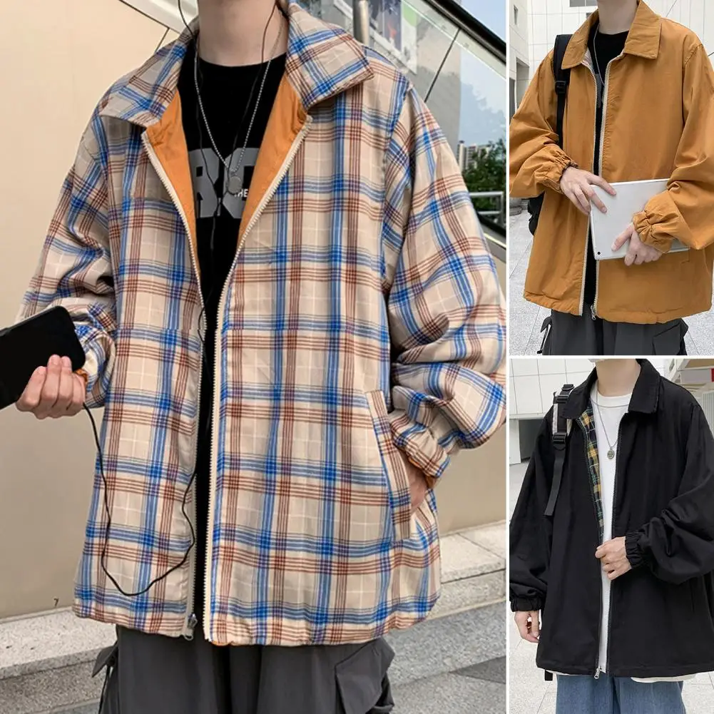 

Couple Jacket Plaid Turndown Collar Reversible Wearing Streetwear Autumn Relaxed Fit Vintage Coat Checkered Elastic Cuff Coat