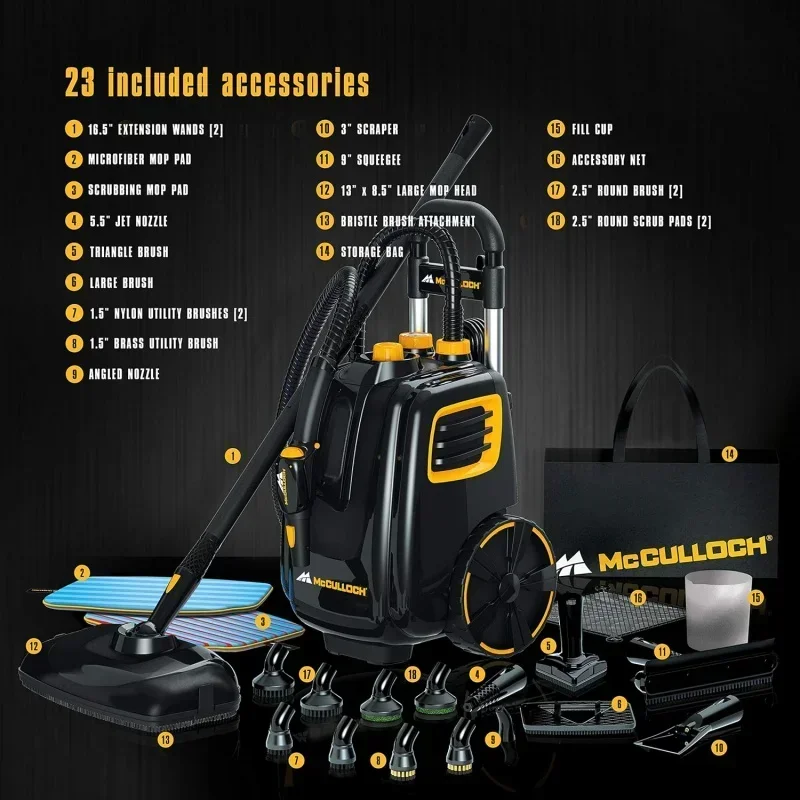 QWMcCulloch MC1385 Deluxe Canister Steam Cleaner with 23 Accessories,Chemical-Free Pressurized Cleaning for Most Floors,Counters 2