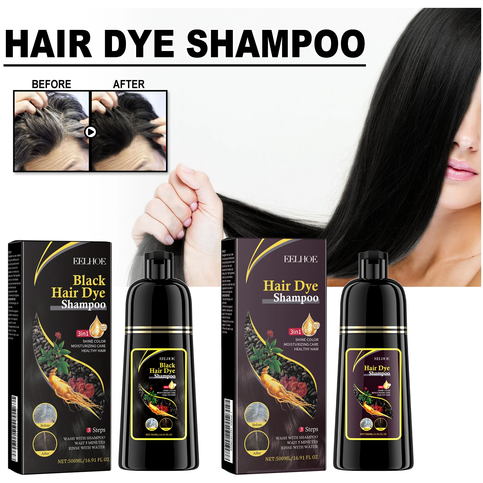 EELHOE 500ML Black Hair Dye Shampoo 3-in-1 Organic Herbal Formula for Hair Growth Deep Nourishing Cleanse And Darkening