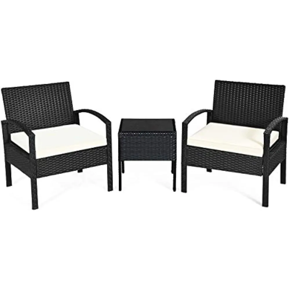 

3 Piece Patio Furniture Set with 2 Cushioned Chairs & End Table, Black